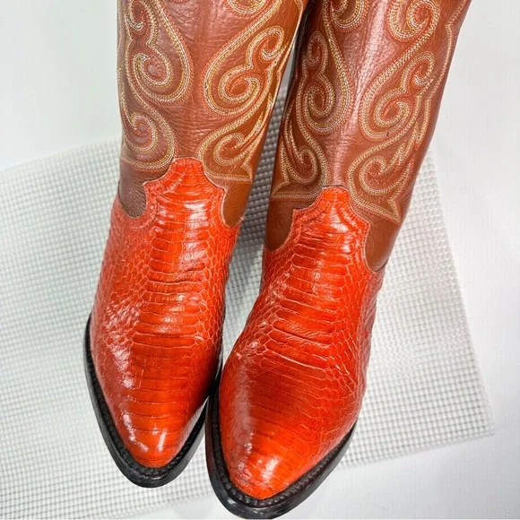 African Boot Co Python Leather Cowboy Boots Mens 6.5 Brown Western - Picture 5 of 14